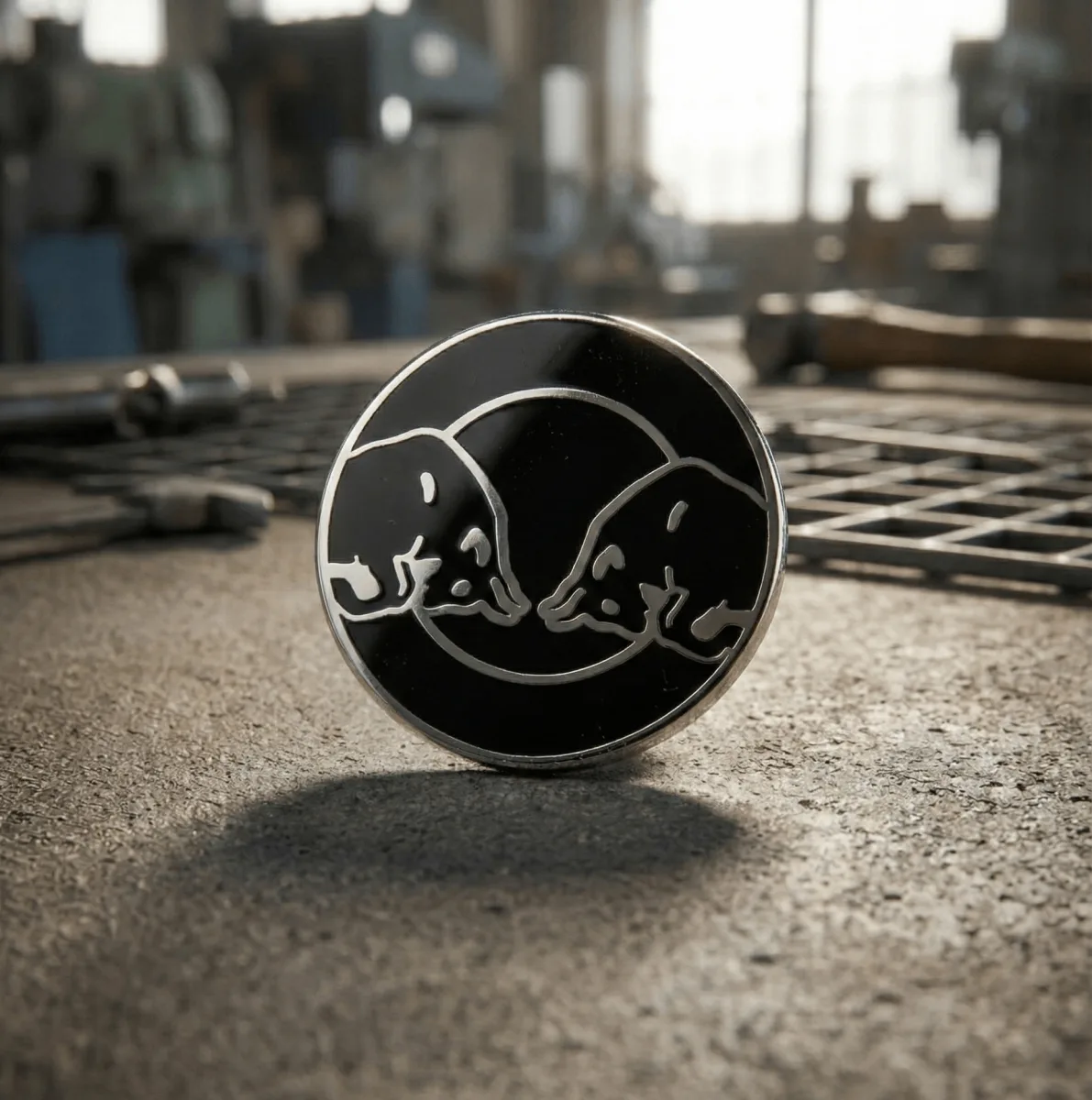 Custom enamel badge with embossed logo on black background